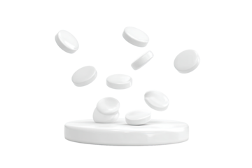 White pills in mid-air, radiating from a central pill