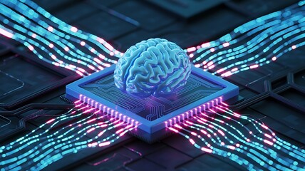 Futuristic render of a brain on a computer chip illustrating artificial intelligence and data processing