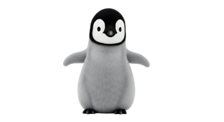 Adorable fluffy baby penguin with outstretched wings, perfect for winter holidays and charming nature projects