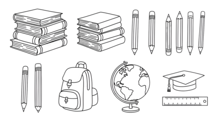 Essential school supplies like books, pencils, a globe, backpack, graduation cap, and ruler create a vibrant collection for education and learning themes.