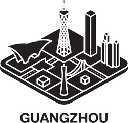 Guangzhou China Cityscape Isometric Outline Black Silhouette Icons Set Famous Landmarks