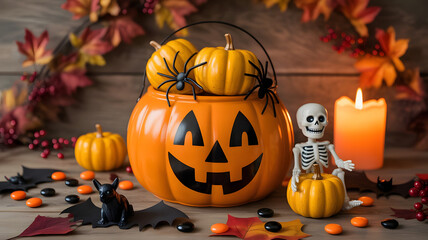 Jack-o’-Lantern Candy Bucket with Mini Pumpkins