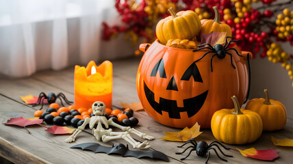 Halloween Candy Table with Jack-o’-Lantern and Skeleton