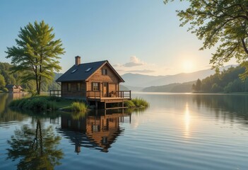 Fototapeta premium A Quaint Wooden House Reflected in the Calm Waters of a Lake