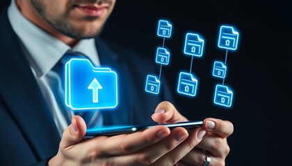 Man holding smartphone with glowing digital file upload icons floating above mobile phone technology