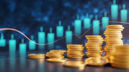 Golden coins arranged in stacks with a financial graph rising in the background symbolizing growth and success.