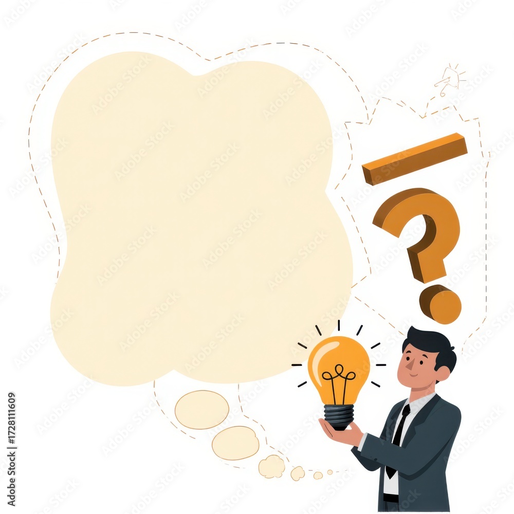 Wall mural businessman holding glowing lightbulb and question mark with copy space for creative thinking idea a