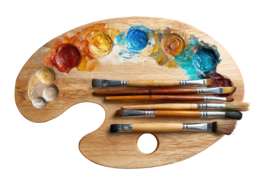 Wooden artist's palette with colorful paints and paintbrushes - Powered by Adobe