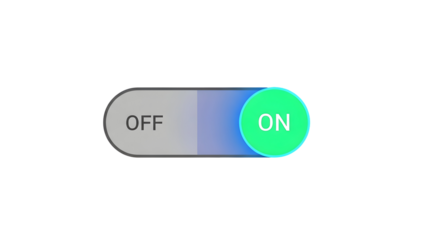 Modern toggle switch interface element showing 'ON' status with vibrant green and blue glowing effect, perfect for digital design and UI concepts.