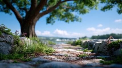 Sunlit Stone Path Leading to Grand Tree Under Clear Blue Sky with Flowers and Lush Greenery in Daylight