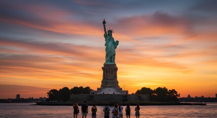 The Statue of Liberty standing tall at sunset