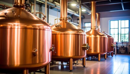 Copper brewing tanks in a modern brewery.  Industrial setting
