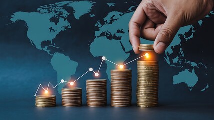 Hand adding coins to stacks representing financial growth and global investment potential with world map backdrop