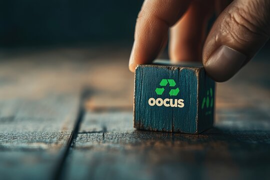 Hand placing wooden block with recycling symbol