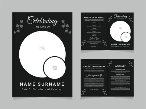 Celebration of Life Funeral Program Template, Elegant Dark Obituary Brochure