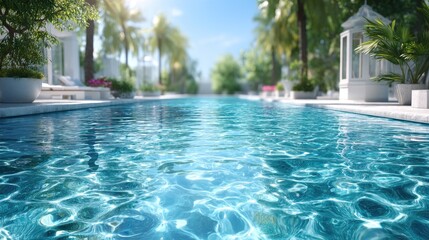 Fototapeta premium Sunlit Turquoise Swimming Pool Water Reflecting Tropical Scenery With Palm Trees and White Structures on a Sunny Day