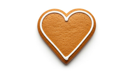 Heart shaped gingerbread cookie with white icing isolated on white background, a sweet treat for valentines day or a festive christmas snack