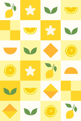 Geometric Flat Style Citrus Fruit and Leaf Arragement Pattern Background. A colorful and bright citrus fruit pattern featuring lemons, orange slices, leaves and abstract shapes.