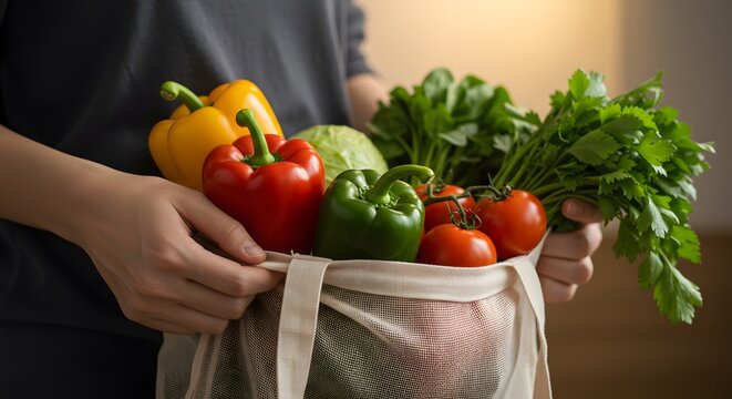 A person carrying a bag of fresh vegetables