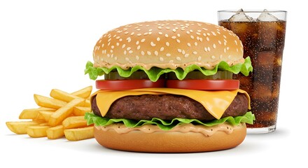 Delicious burger with french fries and a refreshing drink