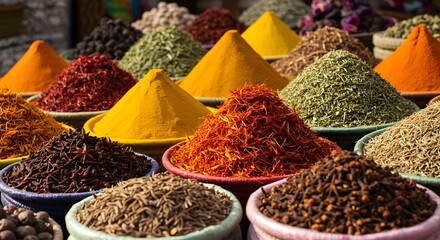 Colorful array of spices in various bowls