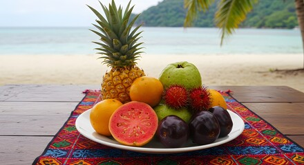 A plate of fresh tropical fruits on the beach