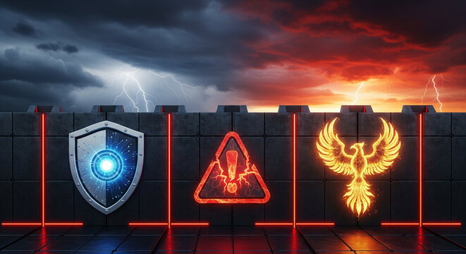 Blue shield icon with neon light accents floating in digital cyberspace, layers of matrix code and glowing data lines in the background