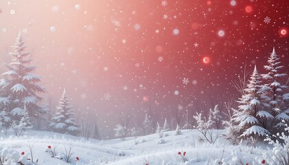 Christmas Background of Snowy Winter Forest Landscape with Snow Covered Trees and Red Glowing Sky