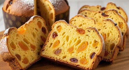 Sliced panettone with apricot pieces and raisins, close-up of holiday sweet bread.