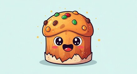 Cute cartoon panettone with kawaii face, colorful candies and happy expression.