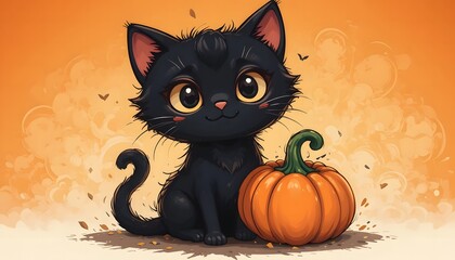 Cute Cartoon Black Cat and Pumpkin Sitting in Front of Orange Background