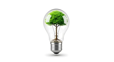 A unique light bulb holding a small tree symbolizing eco-friendly ideas