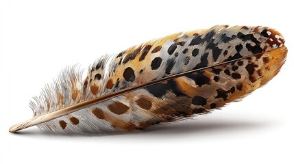 A close-up of a speckled, patterned feather displaying shades of brown, tan, black, and white, with a soft, feathery end