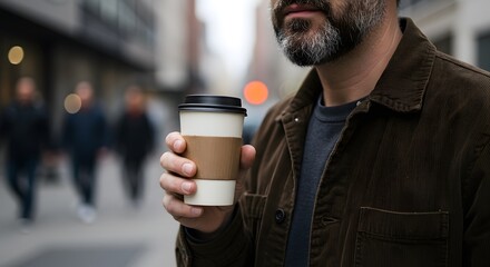 A man enjoys coffee while walking