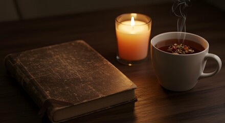 Cozy moment: Book, candle, and a cup of tea