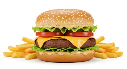 Delicious and tempting burger with fries