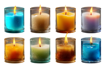 Vector 3d burning realistic candle light or tea light and different flame of a candle icon set closeup isolated on transparency grid background. Tea candle or candle in a case. Design template