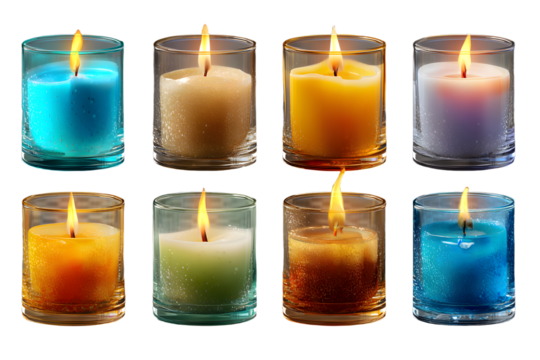 Vector 3d burning realistic candle light or tea light and different flame of a candle icon set closeup isolated on transparency grid background. Tea candle or candle in a case. Design template