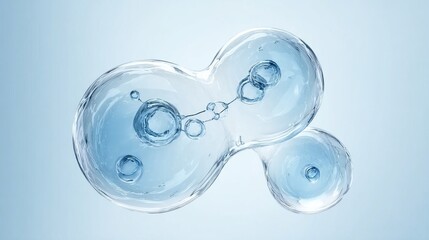 Transparent, interconnected bubbles with molecular structures on a soft blue background, evoking a scientific or cellular theme.
