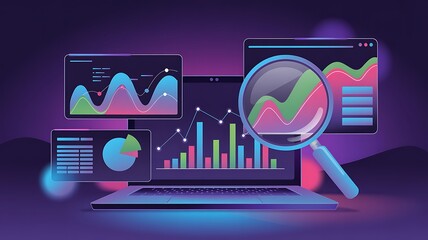 Laptop displaying financial data charts with a magnifying glass used for analysis in a digital environment