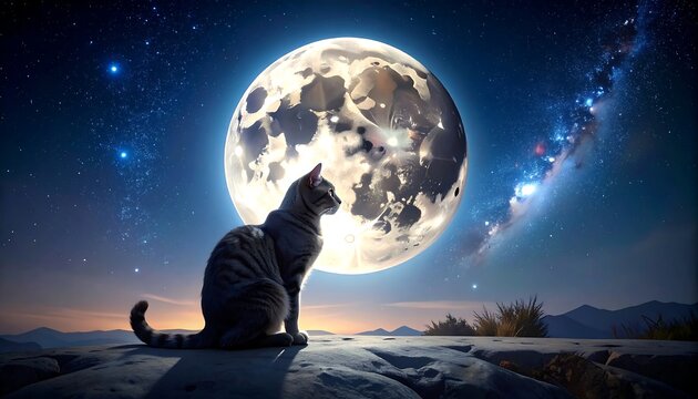 A cat sits on a rocky outcrop, gazing at a full moon in a vibrant, starry night sky. The Milky Way is visible - Powered by Adobe