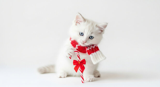 Adorable white kitten isolated on white background wearing a red and white striped scarf and holding a candy cane looking at the camera