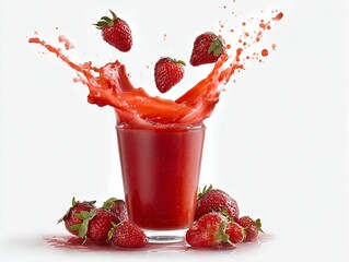Strawberries splashing into a glass of vibrant red juice, creating a dynamic and refreshing visual against a clean white background.