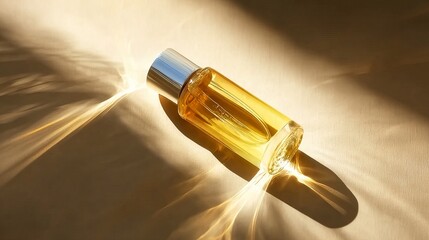 A close-up of a golden liquid in a sleek, transparent bottle with a metallic cap, illuminated by warm, radiant light creating a luxurious and elegant atmosphere.