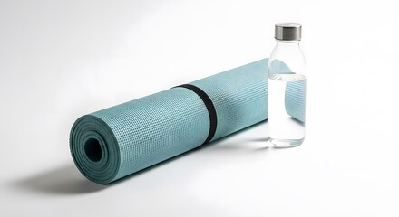 Rolled Yoga Mat and Water Bottle, Fitness Essentials