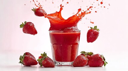 A vibrant strawberry smoothie splashes dramatically from a glass, surrounded by fresh strawberries on a clean white surface.