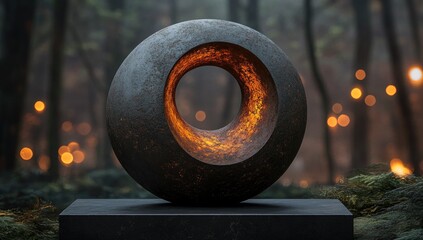 Dark, round sculpture with fiery hole, forest backdrop