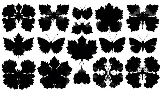 Black silhouettes of butterflies and leaves on a white background - Powered by Adobe