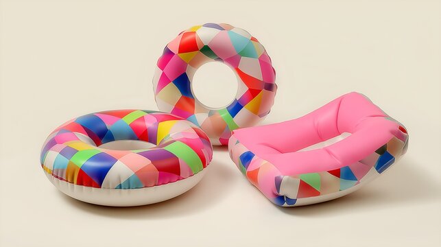 Colorful inflatable pool rings and a pink lips float toy isolated on a light background for summer fun. - Powered by Adobe