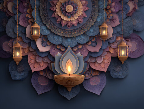 Diwali festival of lights holiday design with paper cut style of Indian Rangoli and hanging diya - oil lamp. Place for text. Vector illustration.